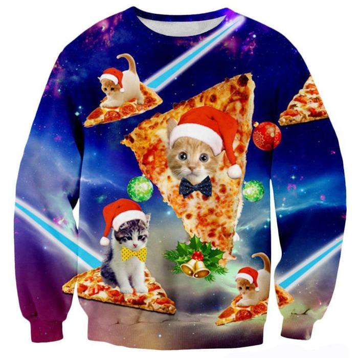 Mens Pullover Sweatshirt 3D Printing Galaxy Pizza Cat Pattern