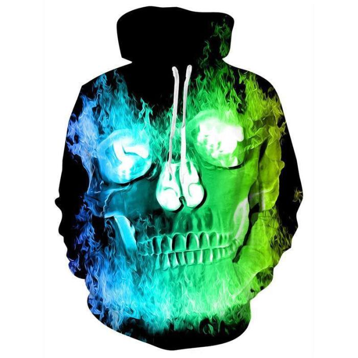 Mens Hoodies 3D Printing Hooded Fire Skull Printed Pattern Sweatshirt