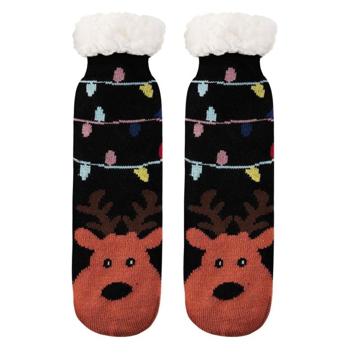 Women'S Fleece Lining Fuzzy Soft Christmas Knee Highs Stockings Slipper Black Socks Elk