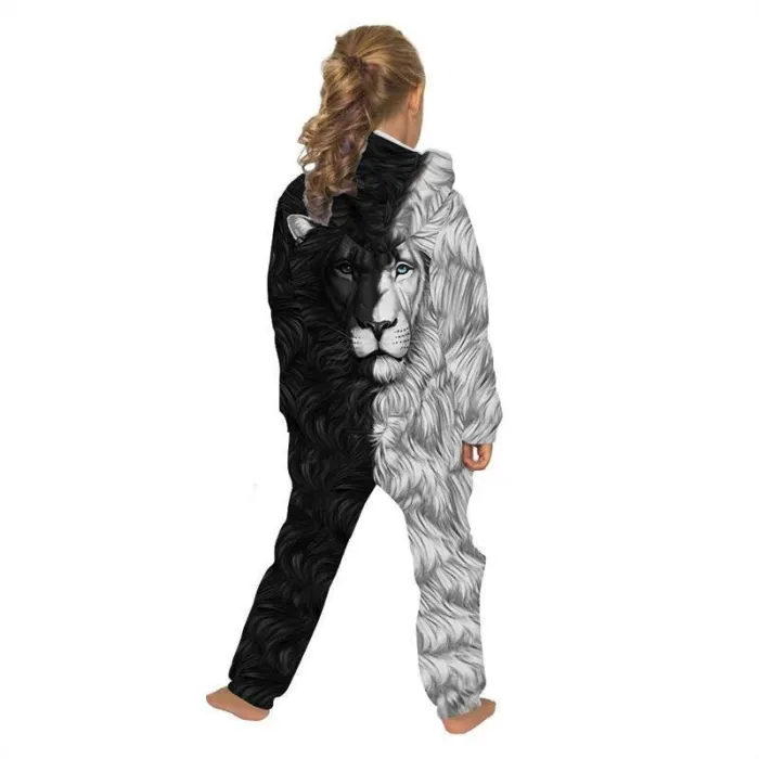 Children'S Jumpsuit Wolf Lion Face Printing Kids Rompers Nightwear Homewear Zipper Clothing