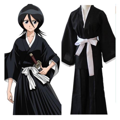 Anime Bleach Kuchiki Rukia Cosplay Costume Japanese Kimono Outfit Black