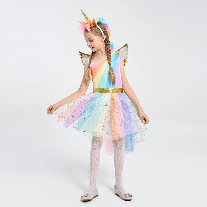 Girls Dress Unicorn Costume Rainbow Skirt For Kids Halloween Party