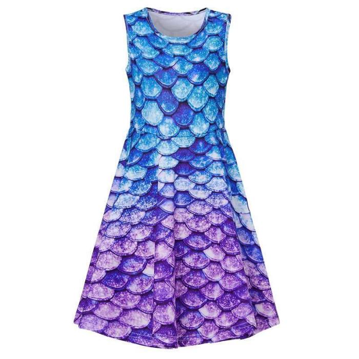 Girls 3D Printing Dress Fish Scale Pattern Sleeveless