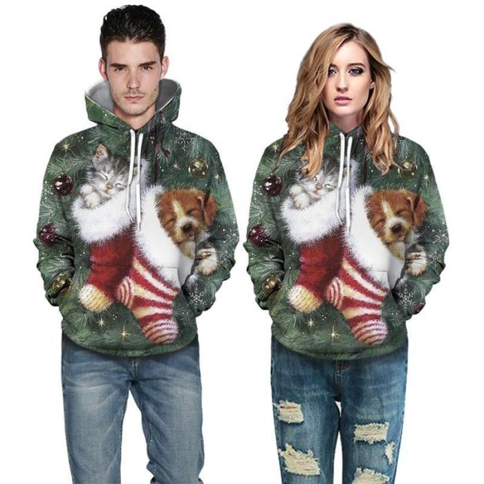 Mens Hoodies 3D Graphic Printed Christmas Sleeping Cat Dog Pullover