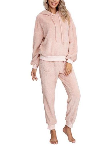 Fluffy Hoodie And Jogger Pants Pajamas Set Sleepwear