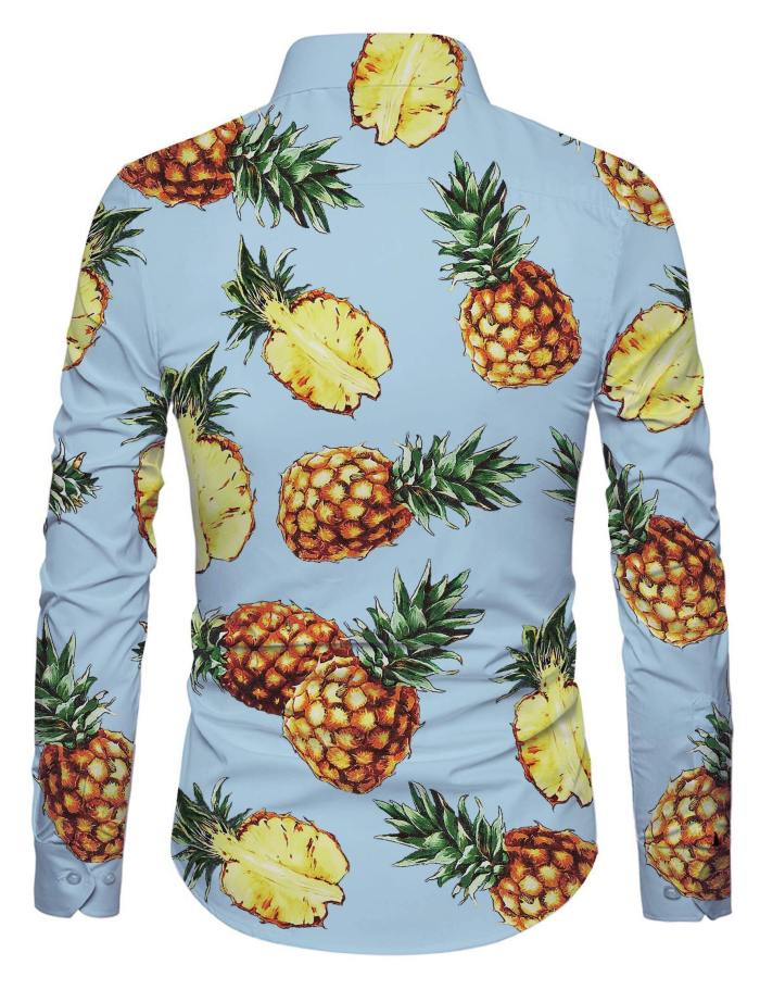 Sale Sale Sale!!!  Men'S Business Shirts Blue Pineapple Printed Long Sleeve Dress Shirts