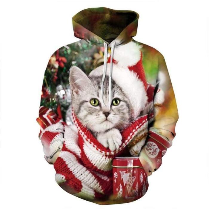 3D Print Hoodie - Cute Christmas Cat Pattern Pullover Hoodie