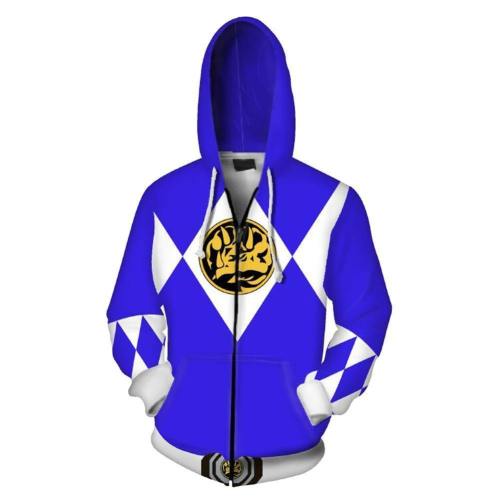Unisex Blue Ranger Hoodies Power Rangers Zip Up 3D Print Jacket Sweatshirt