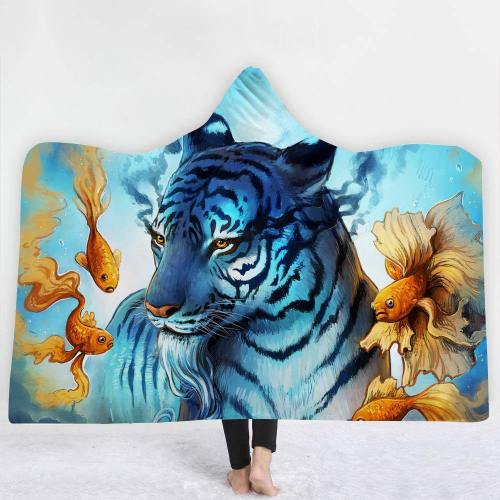 Courageous Blue Tiger Hooded Blanket