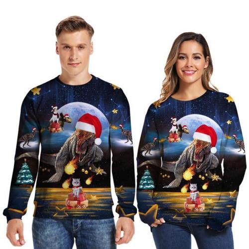 Mens Pullover Sweatshirt 3D Printed Christmas Ugly Dinosaur Long Sleeve Shirts