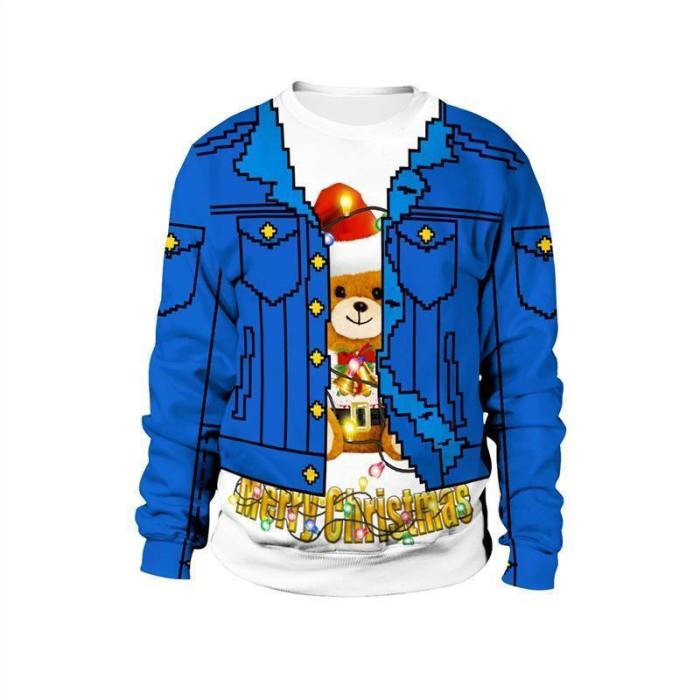 Womens Blue Pullover Sweatshirt 3D Graphic  Merry Christmas Bear Pattern