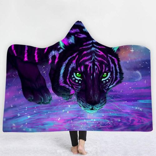 Neon Colorful Art Tiger Hooded Blanket
