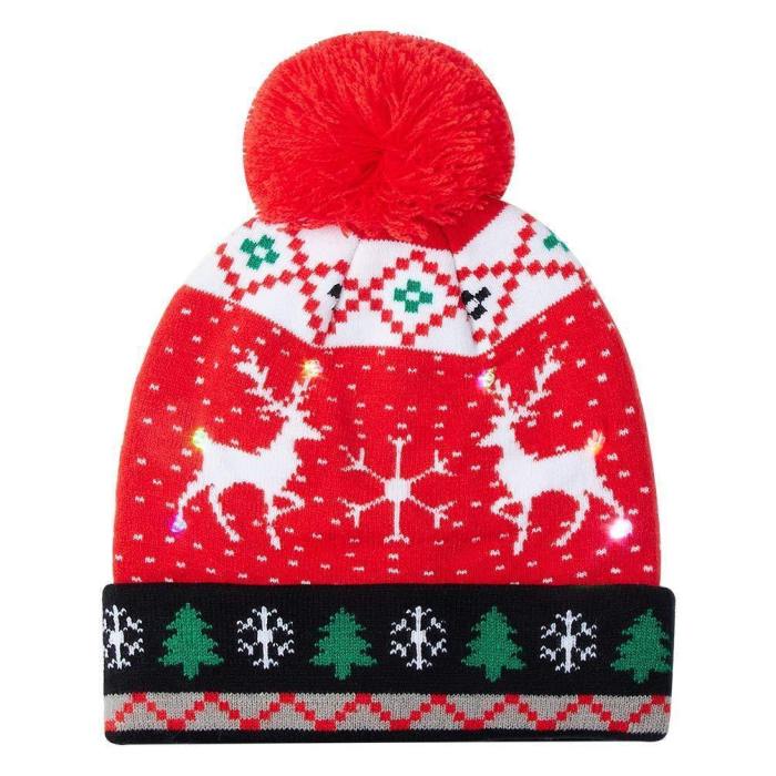 Men Women Sika Deer Printed Red Knitted Light Hat Cuff Knit Pom Cap