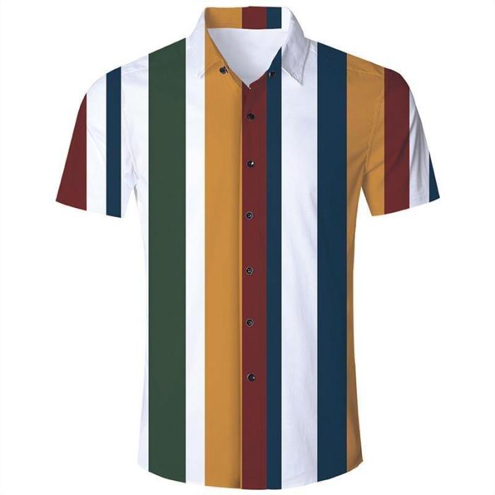 Men'S Hawaiian Short Sleeve Shirts Colorful Stripes Print