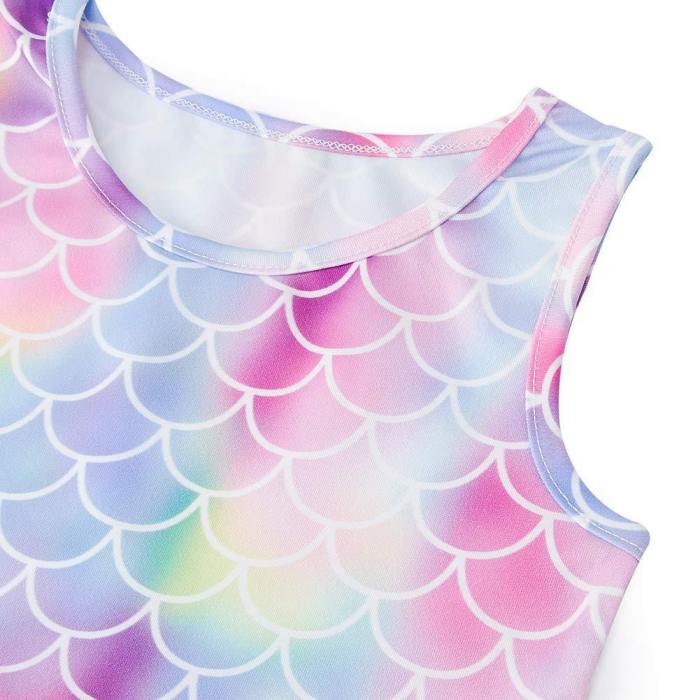 Girls 3D Printing Dress Colorful Fish Scale Pattern Sleeveless