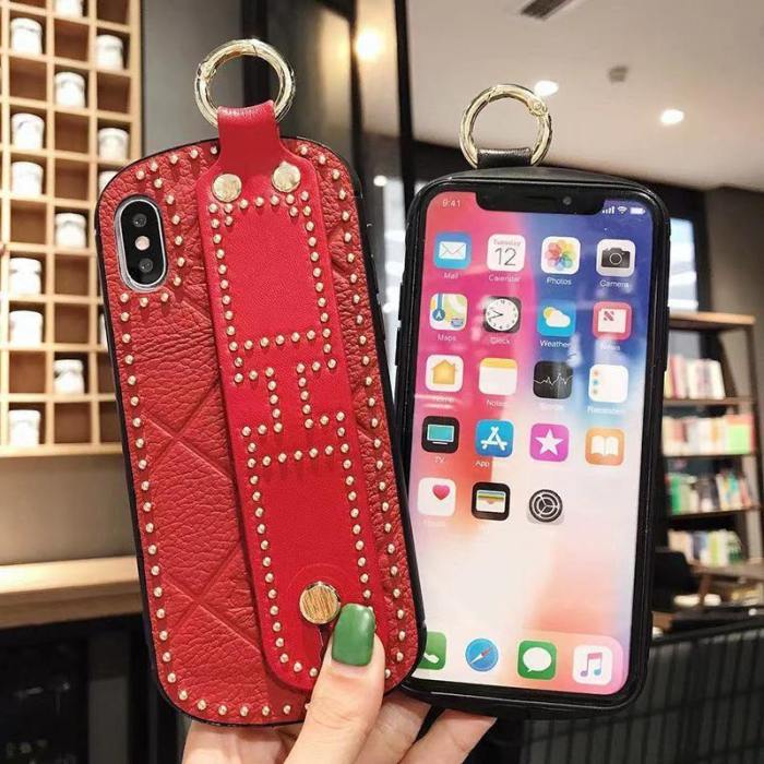 Luxury Curved Rivet Leather Phone Case With Hand Strap