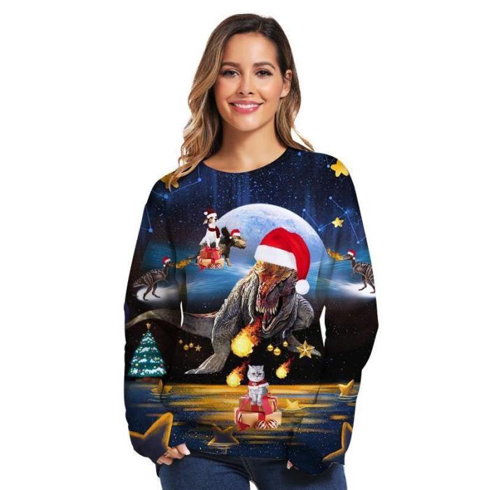 Mens Pullover Sweatshirt 3D Printed Christmas Ugly Dinosaur Long Sleeve Shirts
