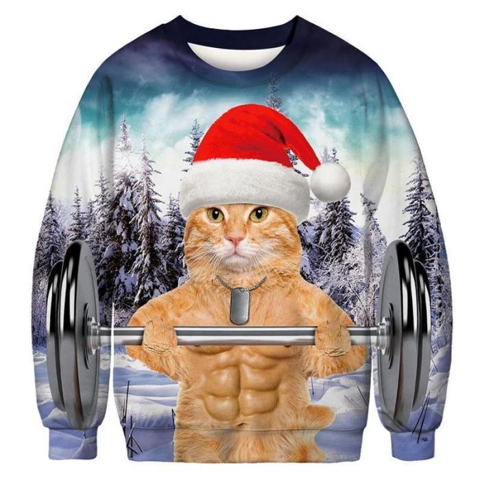 Mens Pullover Sweatshirt 3D Printed Christmas Weightlifting Cat Long Sleeve Shirts