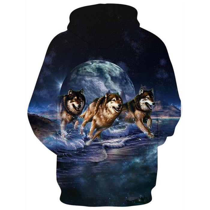 Mens Hoodies 3D Printing Hooded Running Wolf Printed Pattern Sweatshirt