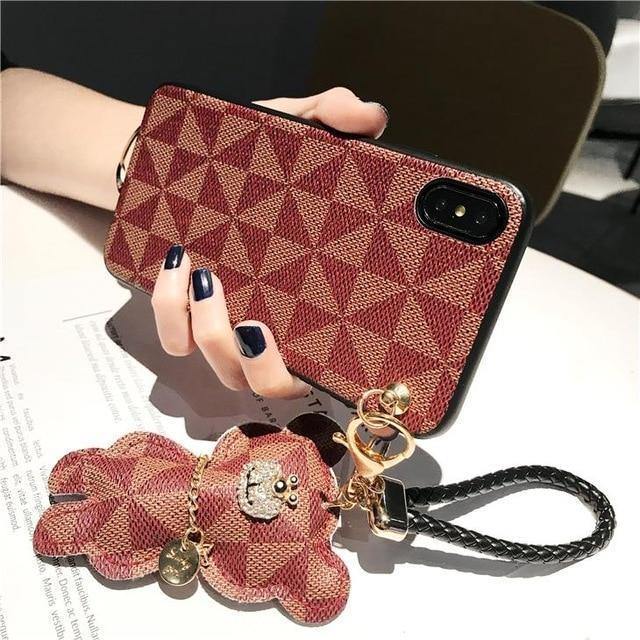 Luxury Pattern Leather Phone Case With Hanging Bear Hand Strap