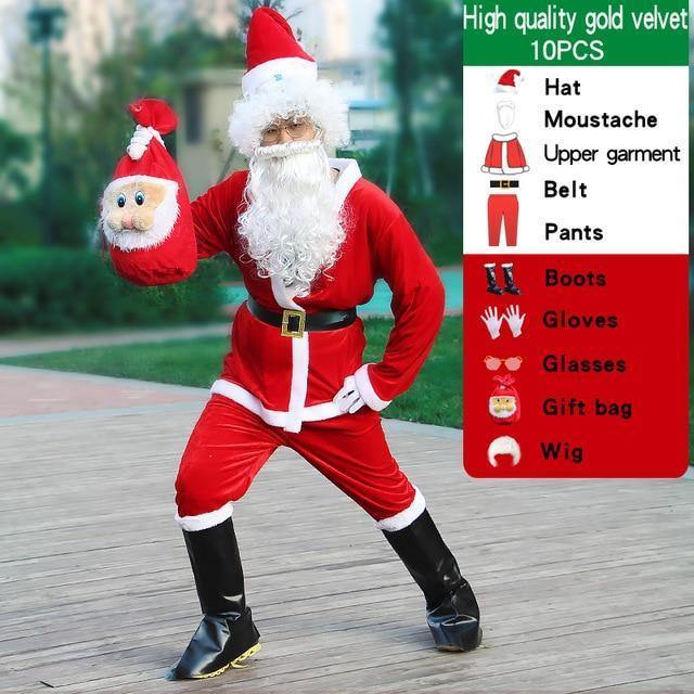 Adult Santa Claus Costume Suit Plush Father Fancy Clothes Xmas Cosplay Props Men Coat Pants Beard Belt Hat Christmas Clothes Set