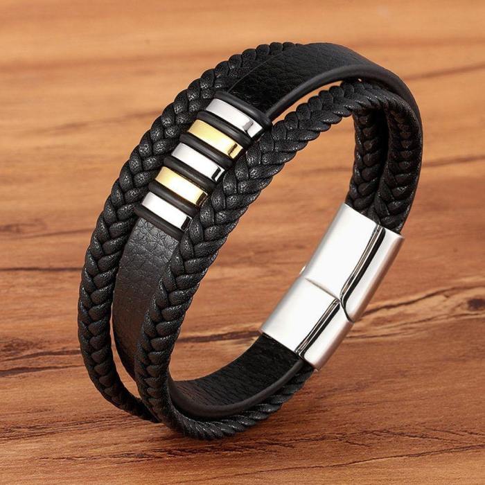 Black Leather Magnetic Clasp Multi-Layer Bracelet