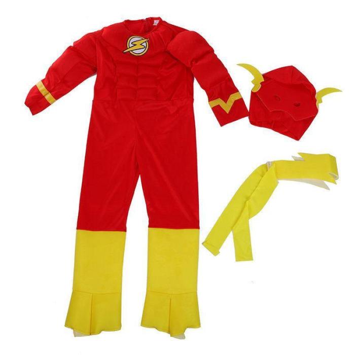 The Flash Jumpsuit Muscle Superhero Kids Boys Comics Movie Halloween Cosplay Costumes