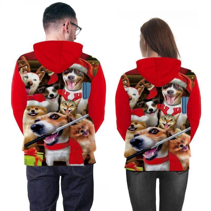 Mens Red Hoodies 3D Graphic Printed Merry Christmas Dog Party Pullover