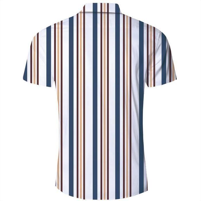 Men'S Hawaiian Short Sleeve Shirts White Blue Stripes Print