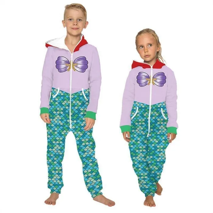 Children'S Jumpsuit Colorful Fish Scale Printing Kids Rompers Nightwear Homewear Zipper Clothing