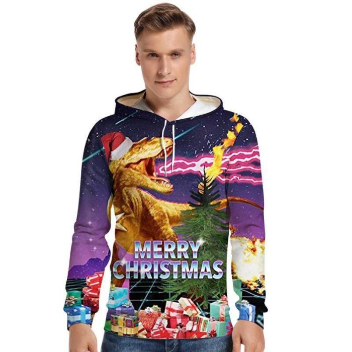 Mens Hoodies 3D Graphic Printed Ugly Christmas Dinosaur Pullover Hoodie