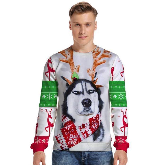 Mens Pullover Sweatshirt 3D Printed Christmas Dog Face White Long Sleeve Shirts