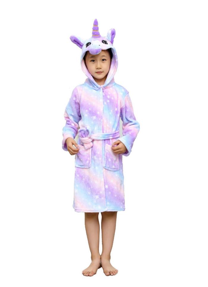 Kids Bathrobe Soft Plush Unicorn Robe Warm Hooded Nightgown Unisex Gifts