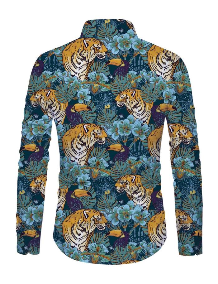 Men'S Floral Tiger Printed Long Sleeve Shirt