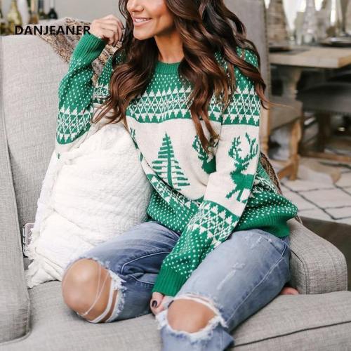 Danjeaner Christmas Sweater Winter Classic Deer Printed Knitted Pullovers Plus Size Streetwear Long Sleeve Causal Jumpers