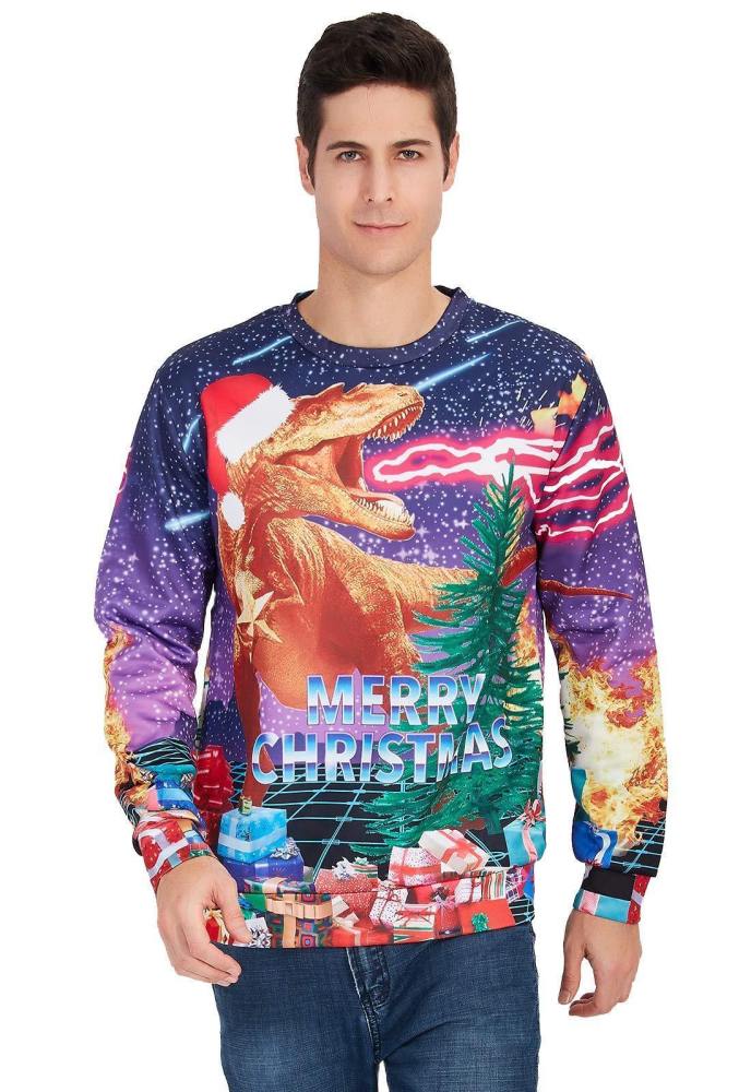 Mens Pullover Sweatshirt 3D Printing Christmas Dinosaur Pattern