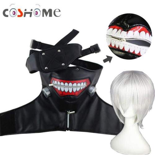 Tokyo Ghoul Kaneki Ken Cosplay Costume Wigs PU Leather Adjustable Zipper Mask+Blinder For Hallowenn Party