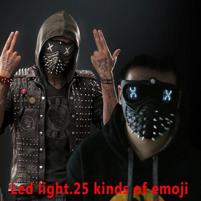 Game Watch Dogs 2 Mask Marcus Led Light Mask 25 Emoji Changeable Holloway Wrench Cosplay Punk Gothic Rivet Face Mask Halloween