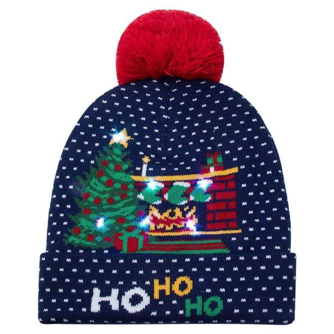 Funny Ho Ho Ho Christmas Dark Blue Hats For Men Women Knitted Light Hat Holiday Party Hats