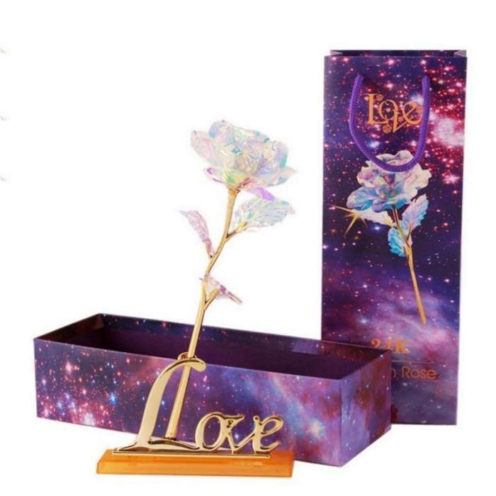 24K Foil Plated Gold Rose With Love Stand For Base