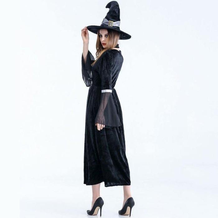 Gothic Halloween Mesh Dresses Women  New Winter Witch Cosplay Costumes Hat Trendy Girls Theme Party Classic Pleated Dress