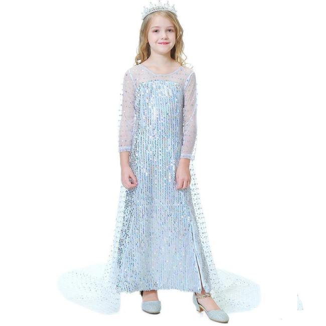 Frozen 2 Princess Elsa White Sequin Long Tail Fancy Dress Costumes