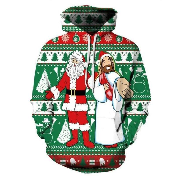 3D Print Hoodie - Santa Claus And Jesus Print Pullover Hoodie