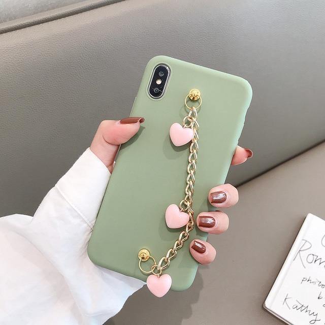 Candy Colors Matte Silicone Phone Case With Heart Bracelet Wrist Strap