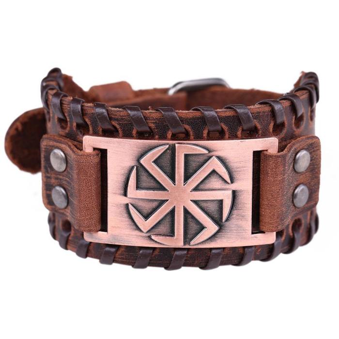 Sun Wheel Talisman Charm Cuff Leather Wrap Bracelet