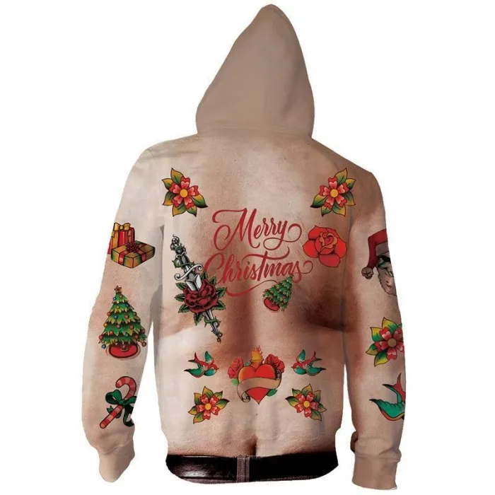 Mens Zip Up Hoodies Hariy Chest 3D Graphic Printing Hoody