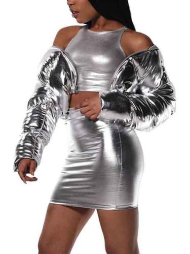 Puffer Jacket Women Metallic Crop Long Sleeve Down Coat