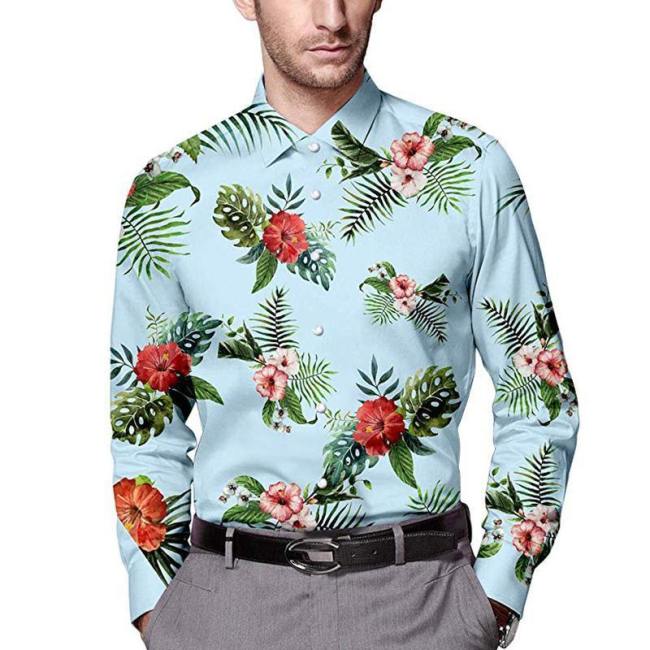 Mens Floral 3D Printing Long Sleeve Shirt