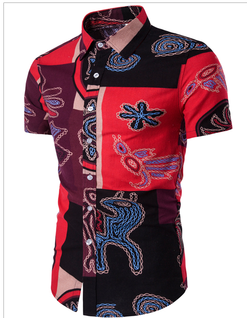 New Summer Men'S Slim Casual Linen Printing Flower Short Sleeve Shirts