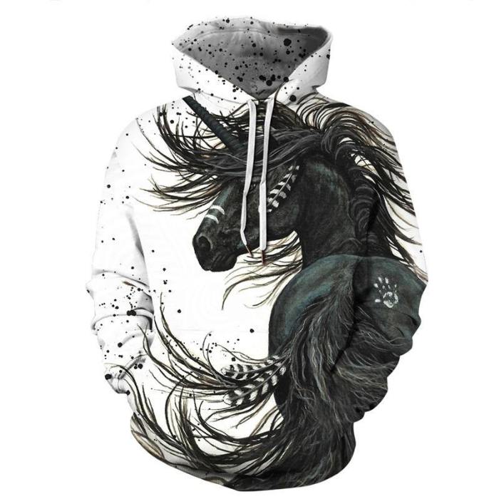 Mens Hoodies 3D Printed Black Horse Printing Hooded